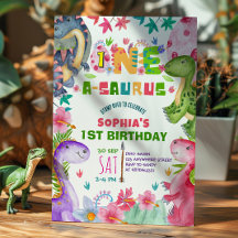 Cute Girl Dinosaur 1st Birthday Invitation
