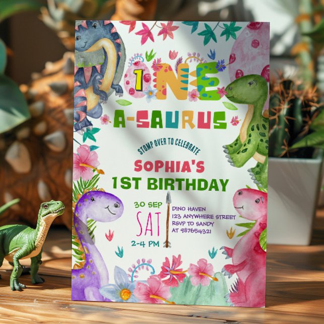 Cute Girl Dinosaur 1st Birthday Invitation Einladung (Von Creator hochgeladen)
