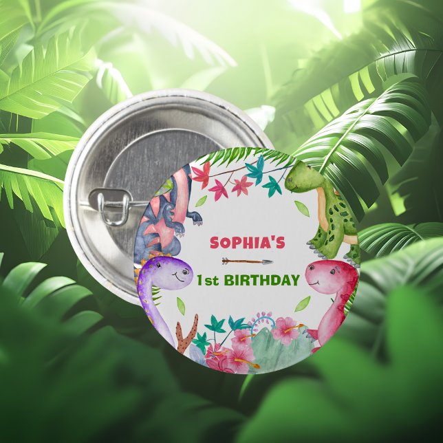 Cute Girl Dinosaur 1st Birthday Party Button (Von Creator hochgeladen)