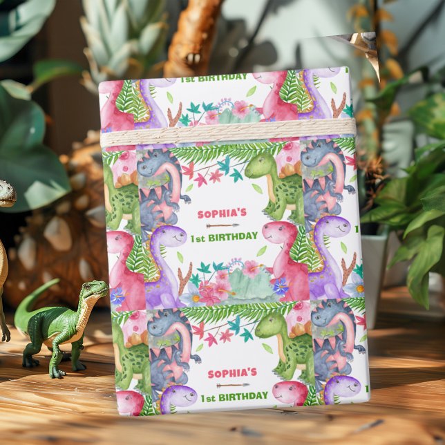 Cute Girl Dinosaur 1st Birthday Party Geschenkpapier (Von Creator hochgeladen)