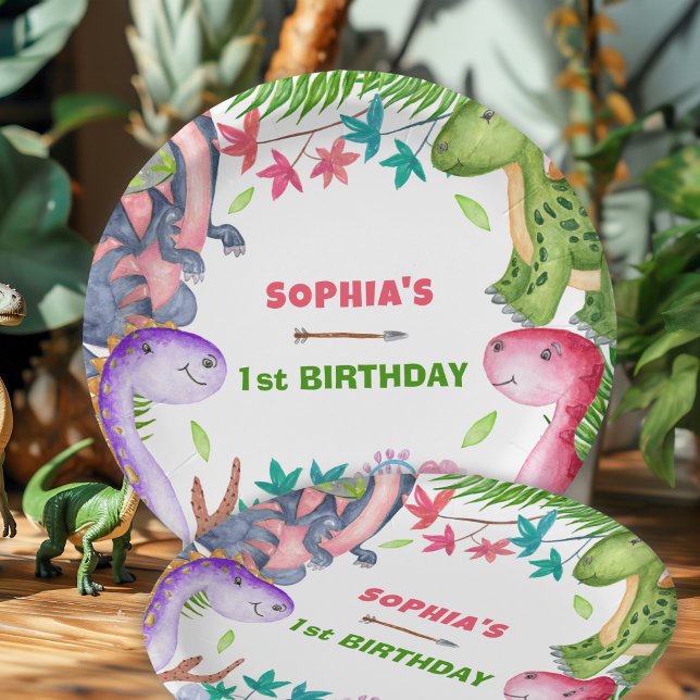 Cute Girl Dinosaur 1st Birthday Party Pappteller (Von Creator hochgeladen)
