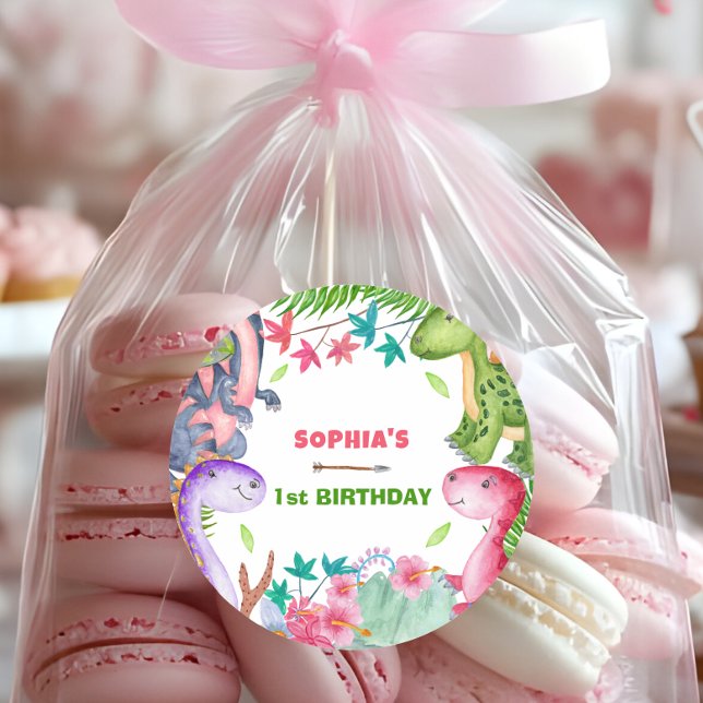 Cute Girl Dinosaur 1st Birthday Party Runder Aufkleber (Von Creator hochgeladen)