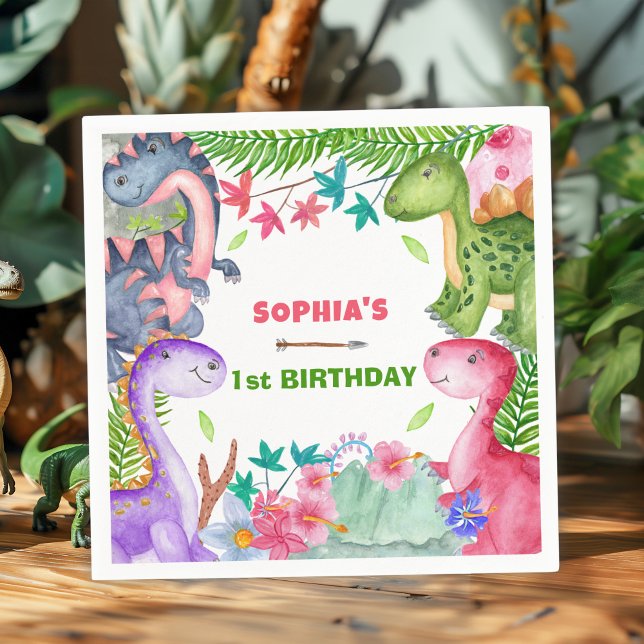 Cute Girl Dinosaur 1st Birthday Party Serviette (Von Creator hochgeladen)