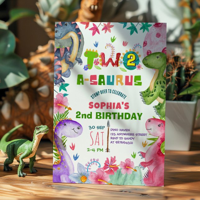 Cute Girl Dinosaur 2nd Birthday Invitation Einladung (Von Creator hochgeladen)