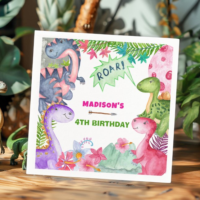 Cute Girl Dinosaur 4th Birthday Party Serviette (Von Creator hochgeladen)