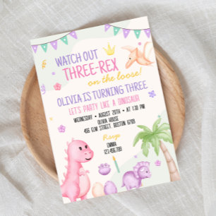 Cute Girl Dinosaur Anniversaire Fête Invitation