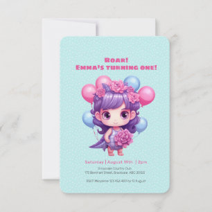Cute Girl Dinosaur Invitation Anniversaire