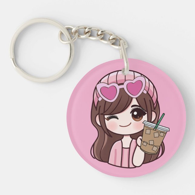 Cute Girl Iced Coffee Keychain (Devant)