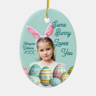 Cute Girl Photo Bunny Ears Blue Keramik Ornament