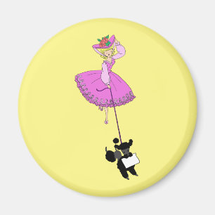 Cute Girl Pink Dress Black Poodle Original Cartoon Magnet