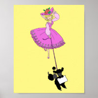 Cute Girl Pink Dress Black Poodle Original Cartoon