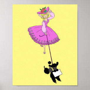 Cute Girl Pink Dress Black Poodle Original Cartoon Poster