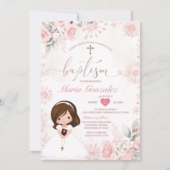 Cute Girl Pink Rose Gold Floral Snowflake Baptism Einladung (Vorderseite)