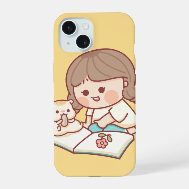 Cute Girl Reading with Cat – Pastel Aesthetic iPho (Verso)