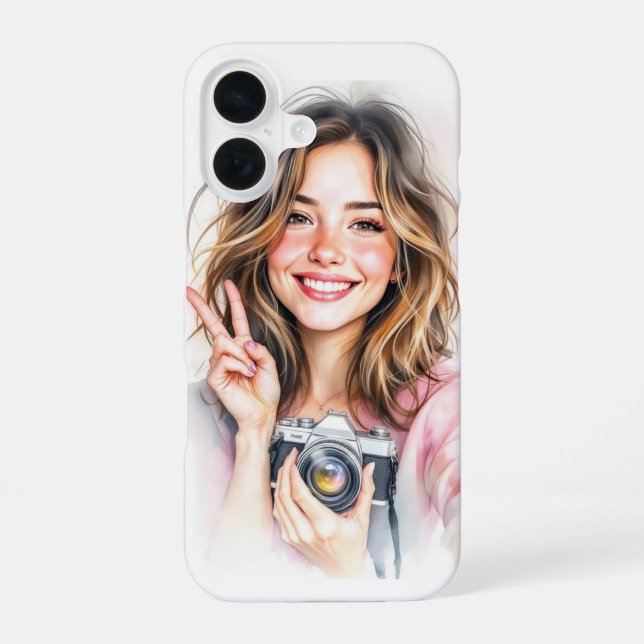 Cute girl with camera phone case iPhone 16 hülle (Rückseite)