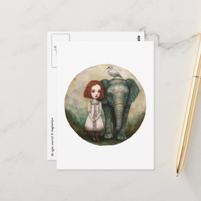 Cute Girl With Elephant and Bird Postkarte (Vorderseite/Rückseite Beispiel)