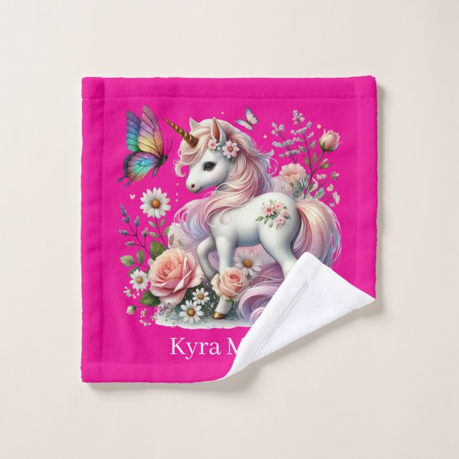Cute girls fantasy unicorn add name  (Gant de toilette)