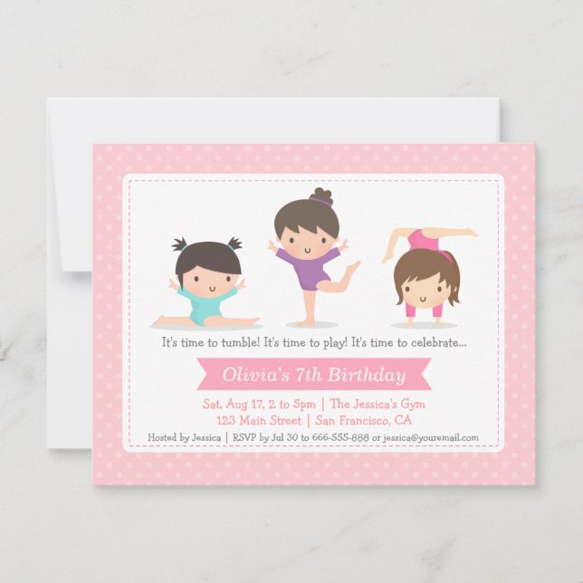 Cute Girls Gymnastique Anniversaire Invitations (Devant)