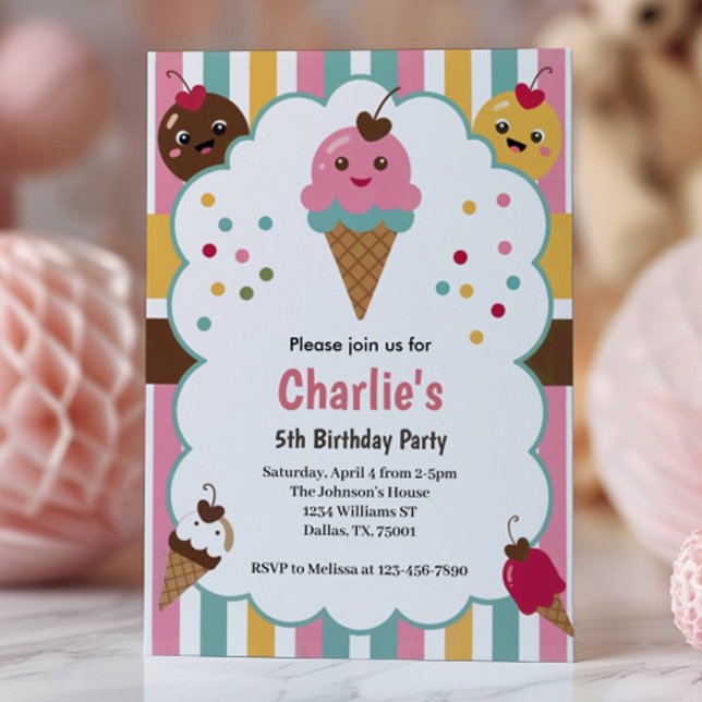 Cute Girls Ice Cream 5th Birthday Party Einladung (Von Creator hochgeladen)