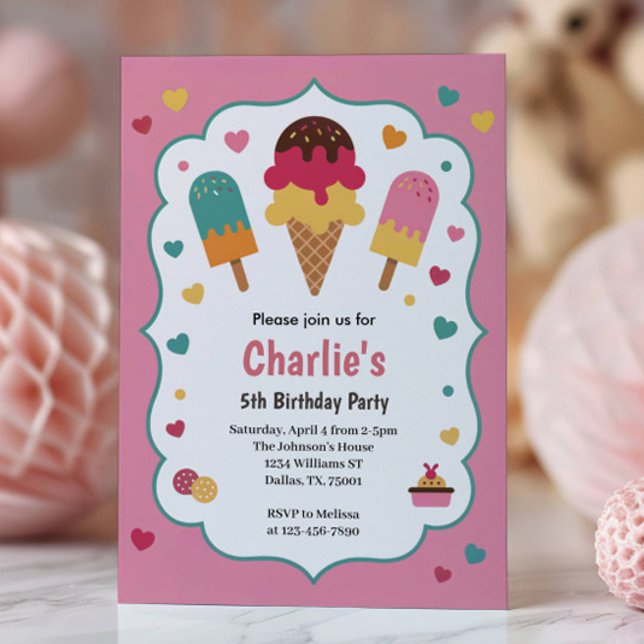 Cute Girls Ice Cream 5th Birthday Party Einladung (Von Creator hochgeladen)