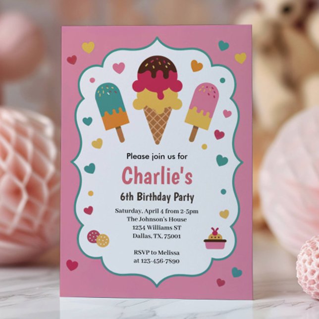 Cute Girls Ice Cream 6th Birthday Party Einladung (Von Creator hochgeladen)