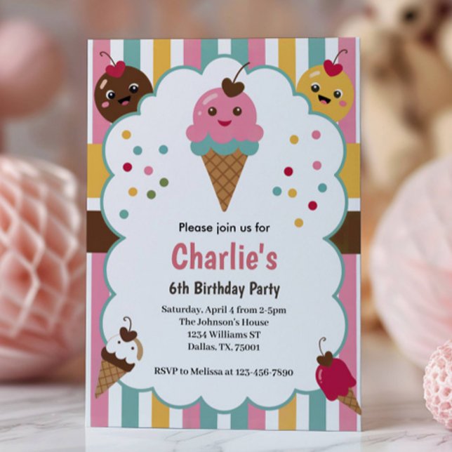 Cute Girls Ice Cream 6th Birthday Party Einladung (Von Creator hochgeladen)