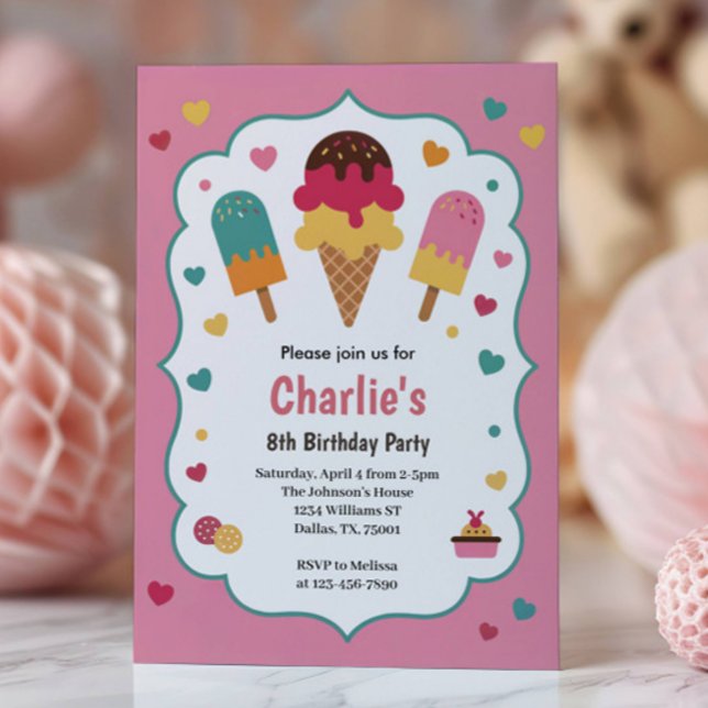 Cute Girls Ice Cream 8th Birthday Party Einladung (Von Creator hochgeladen)
