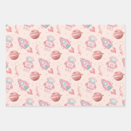 Cute Girls Space Birthday Pink Astronaut Geschenkpapier Set