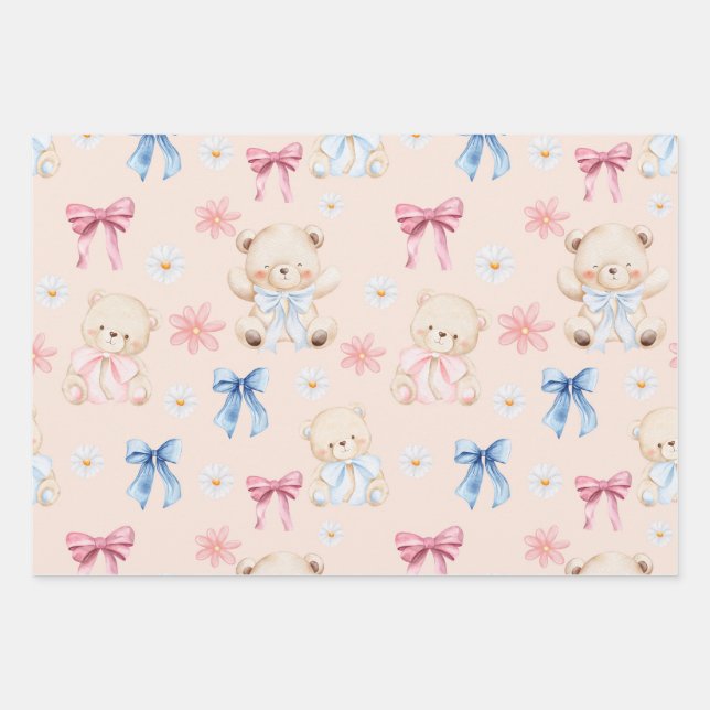 Cute Girly Bow Teddy Bears Seamless Pattern Geschenkpapier Set (Vorderseite)