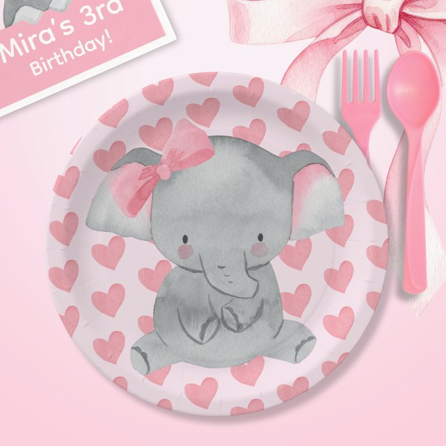 Cute Girly Elephant Pink Bow Birthday Party  Pappteller (Von Creator hochgeladen)
