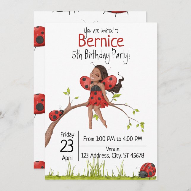 Cute Girly LadyBug 5e Anniversaire Invitation (Devant / Derrière)