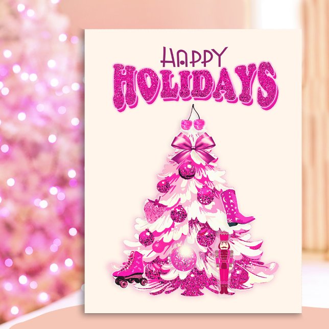 Cute Girly Pink Christmas Tree Happy Holidays Postkarte (Von Creator hochgeladen)