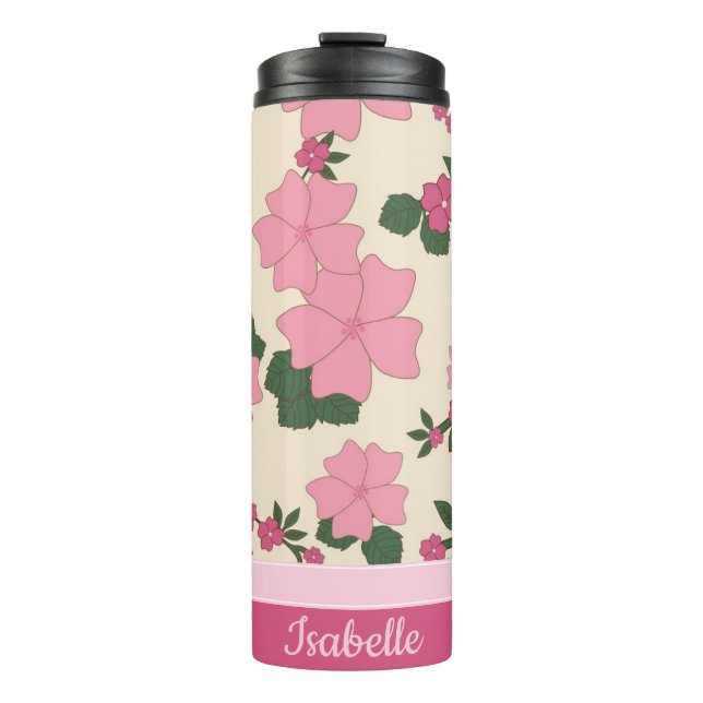Cute Girly Pink Flower Pattern Personalised Thermosbecher (Vorderseite)