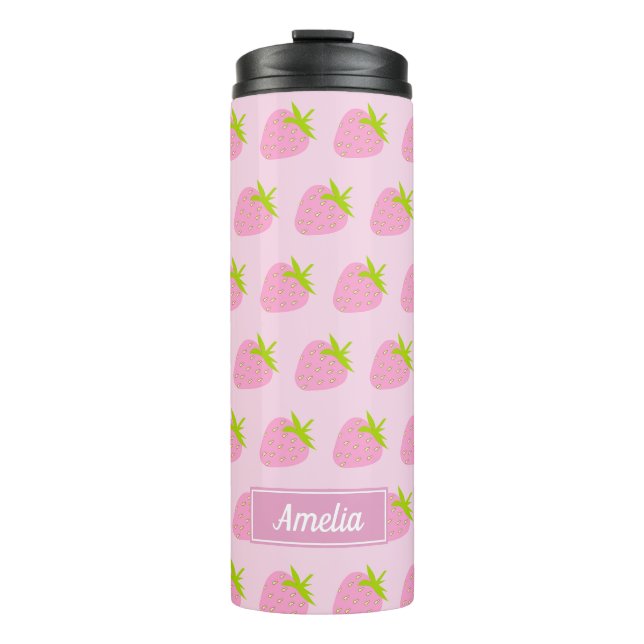 Cute Girly Pink Strawberry Pattern Personalised Thermosbecher (Vorderseite)