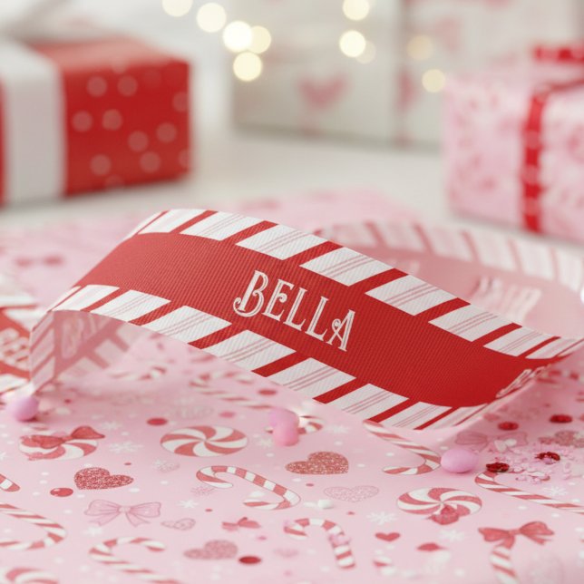 Cute Girly Red and Pink Xmas Candy Cane Stripes Ripsband (Cute Girly Red and Pink Holiday Wrapping Christmas Ribbon for Her. Modern Candy Cane Striped Pattern)