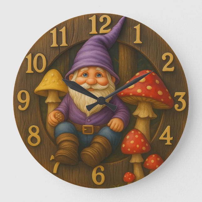 Cute gnome rustic style mushroom forest clock große wanduhr (Vorderseite)