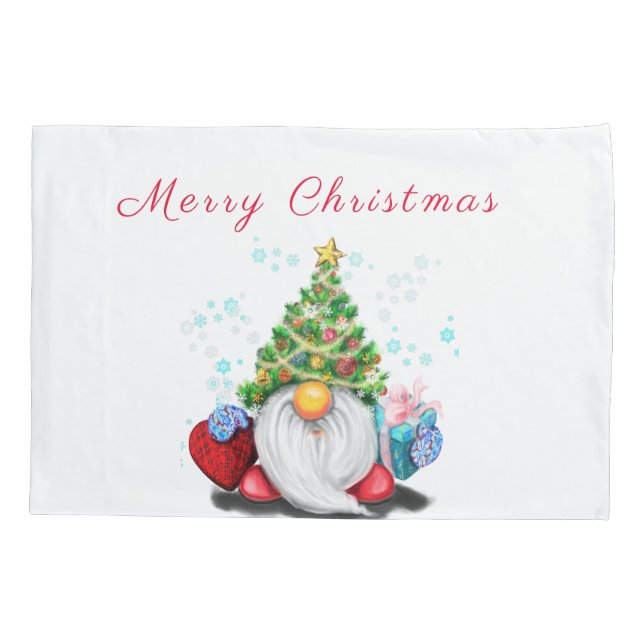 Cute Gnome with Christmas Tree Hat and Gift - Fun  Kissenbezug (Rückseite)