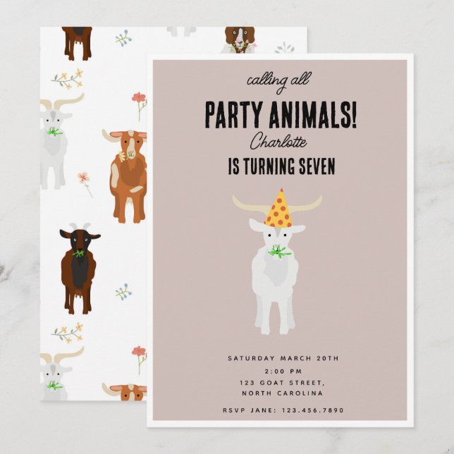 Cute Goats Farm Party Animals Goat Birthday Theme Einladung (Vorne/Hinten)