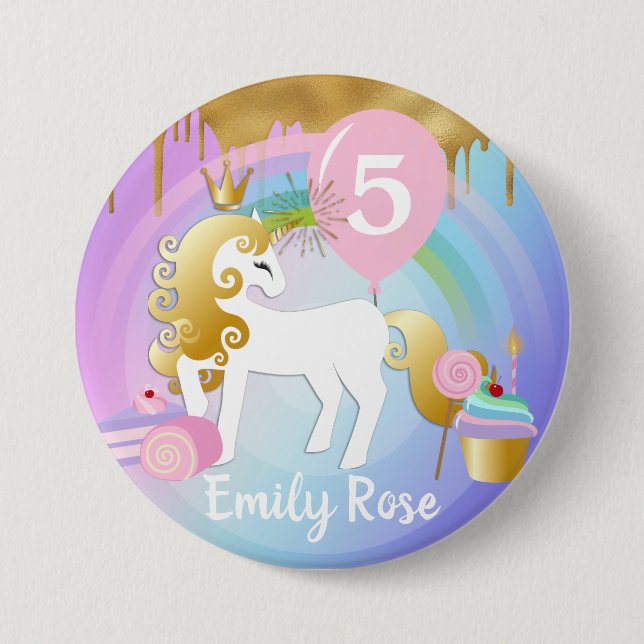 Cute Gold & White Unicorn Treats Birthday Button (Vorderseite)
