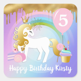 Cute Gold & White Unicorn Treats Birthday Quadratischer Aufkleber
