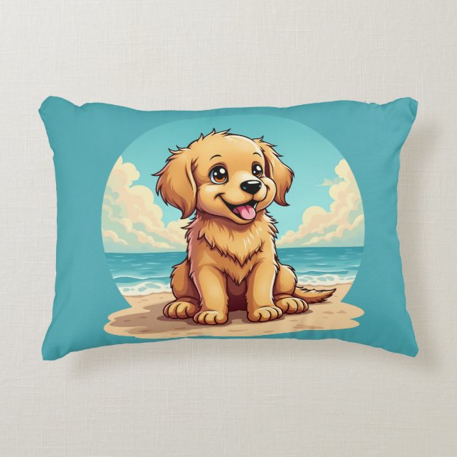 Cute Golden Puppy at Sunny Beach Scene Dekokissen (Vorderseite)