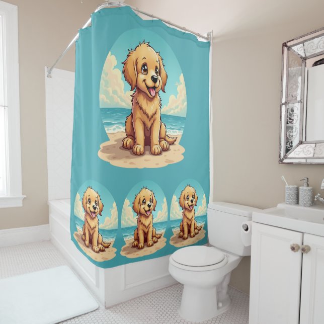 Cute Golden Puppy at Sunny Beach Scene Duschvorhang (Beispiel)