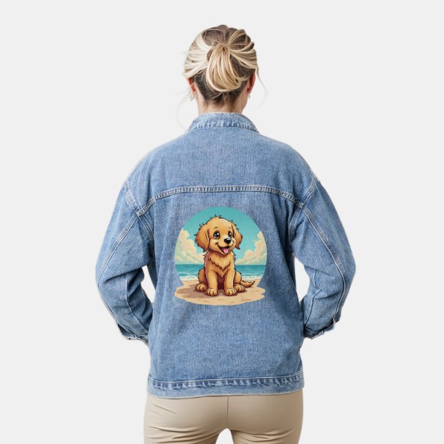 Cute Golden Puppy at Sunny Beach Scene Jeansjacke (Modell)