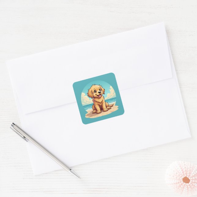 Cute Golden Puppy at Sunny Beach Scene Quadratischer Aufkleber (Umschlag)