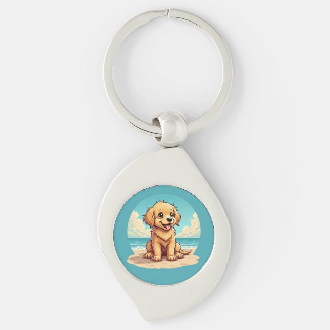 Cute Golden Puppy at Sunny Beach Scene Schlüsselanhänger (Vorderseite)