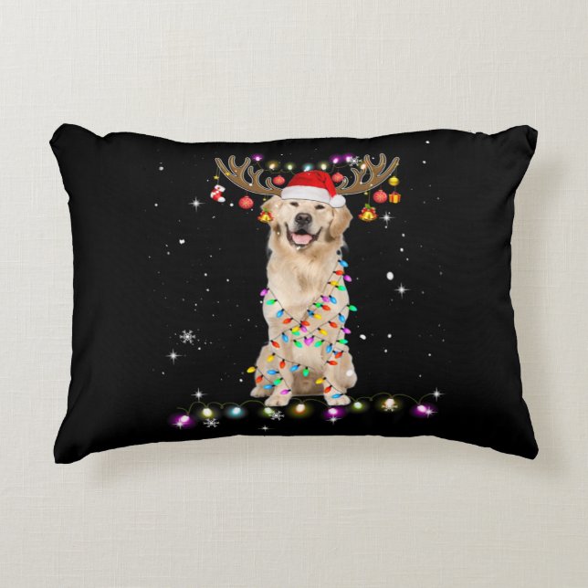 Cute Golden Retriever Christmas Lights Reindeer Dekokissen (Vorderseite)
