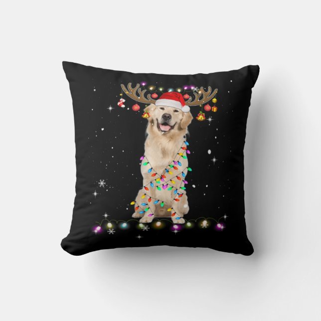 Cute Golden Retriever Christmas Lights Reindeer Kissen (Vorderseite)