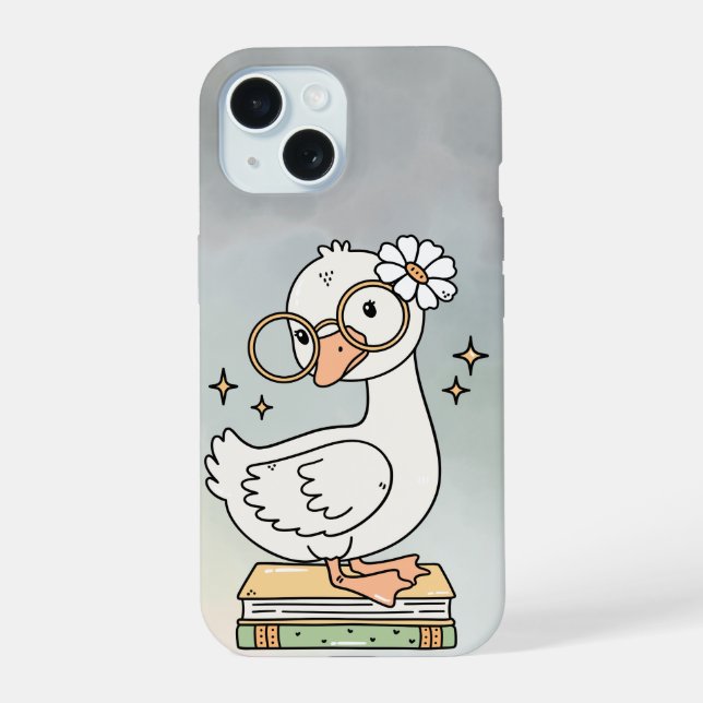 Cute Goose With Glasses Reading Books Illustration iPhone 15 Hülle (Rückseite)