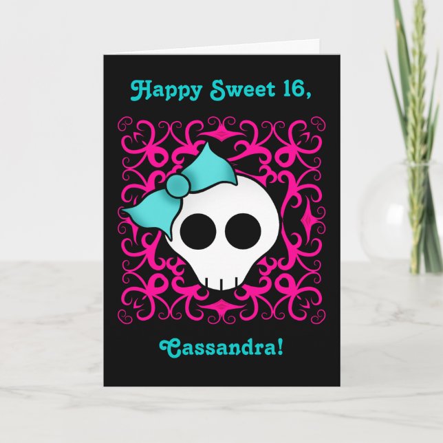 Cute gothic skull birthday for sweet 16 einladung (Vorderseite)