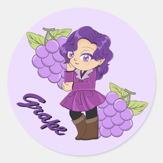 Cute Grape Theme Chibi with Grape Background Runder Aufkleber (Vorderseite)